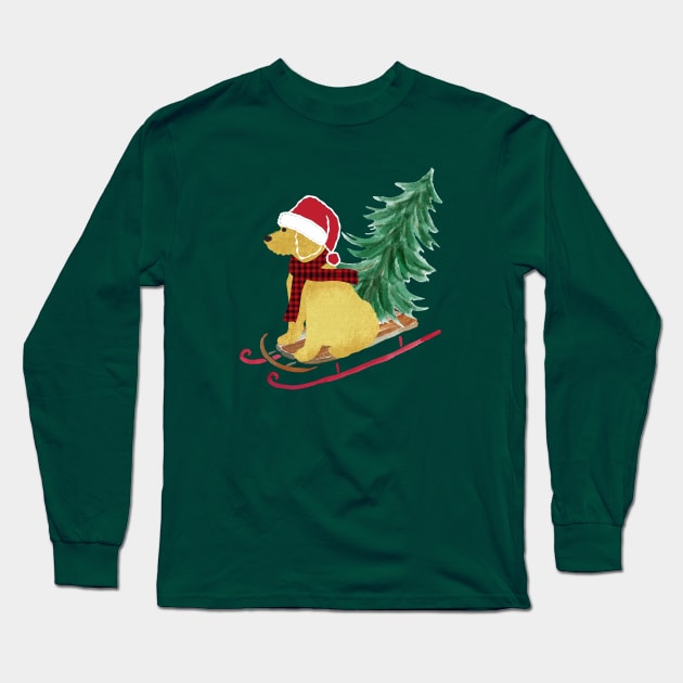 Goldendoodle Christmas Sled Bringing Home The Tree Long Sleeve T-Shirt by EMR_Designs